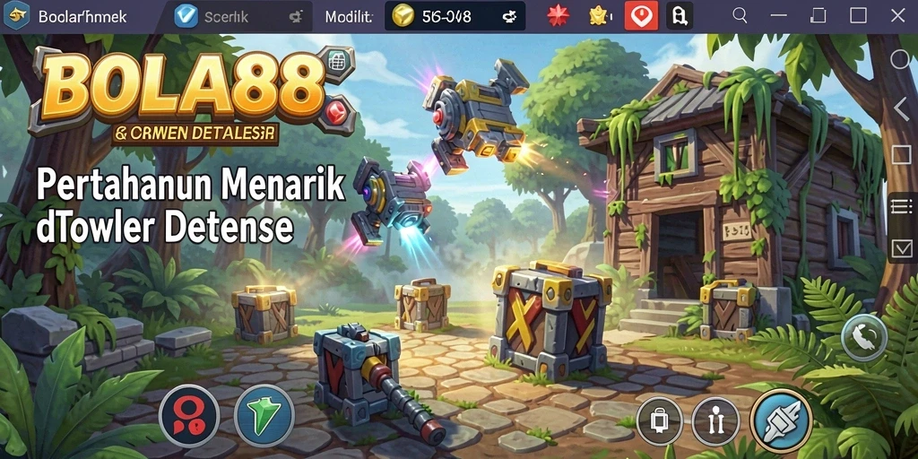 Tampilan gameplay BOLA88 menampilkan menara pertahanan yang megah dan musuh yang beragam.