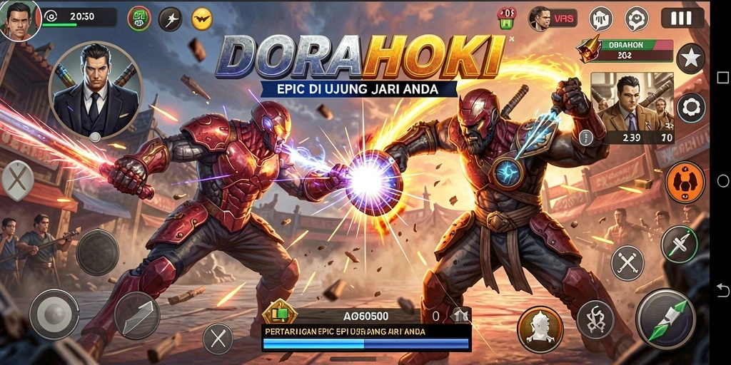 Screenshot menunjukkan pertarungan seru dalam DORAHOKI yang penuh aksi.