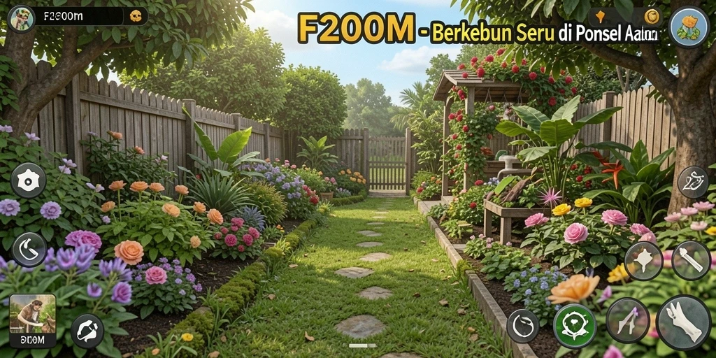 Tampilan gameplay F200M dengan ladang yang subur dan hewan peliharaan.