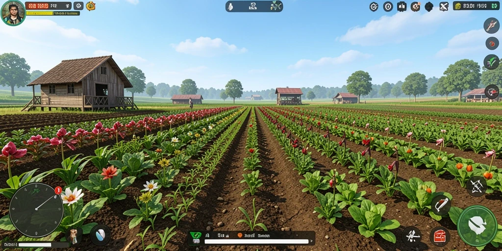 Tampilan gameplay F32 yang menggembirakan dengan elemen pertanian.