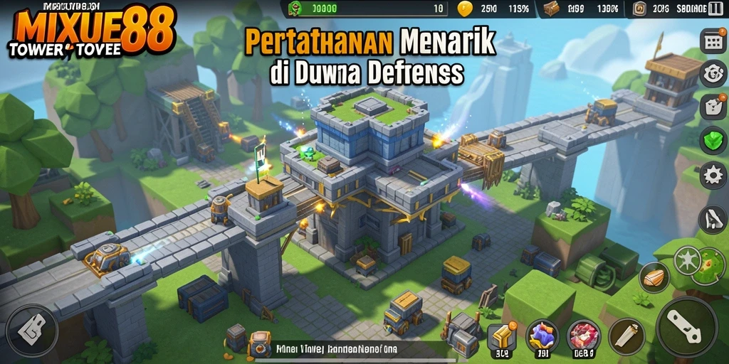 Tampilan gameplay <strong>MIXUE88</strong> yang menarik dengan menara dan musuh yang beragam.