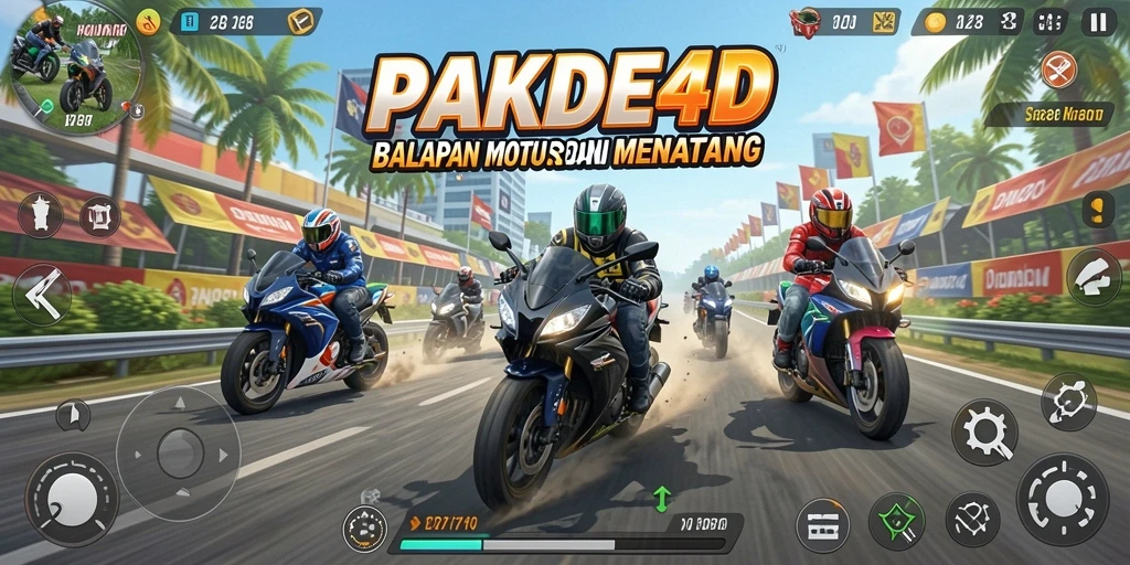 Screenshot gameplay PAKDE4D menampilkan aksi balapan motor yang mendebarkan.