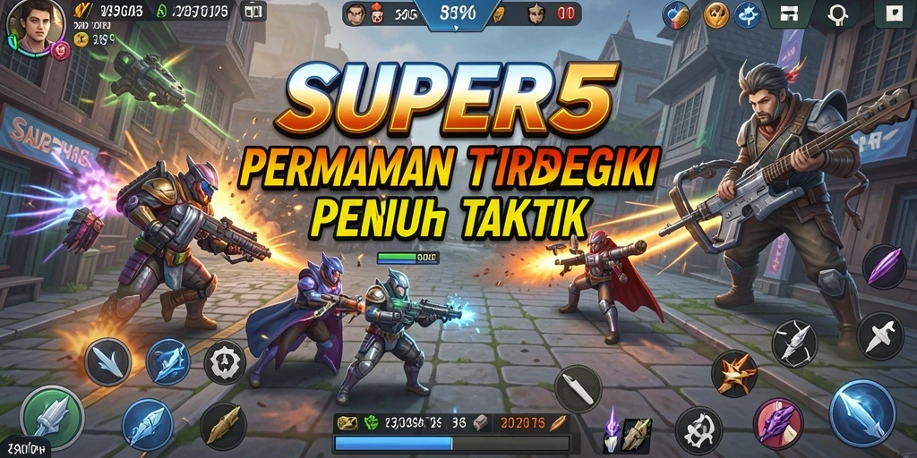 Screenshot utama gameplay SUPER5 menampilkan taktik dan strategi dalam aksi.